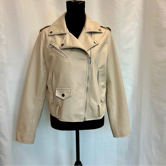 Zara cream ecru faux leather Moto biker jacket coat Sz XL casual Streetwear - Picture 2 of 10